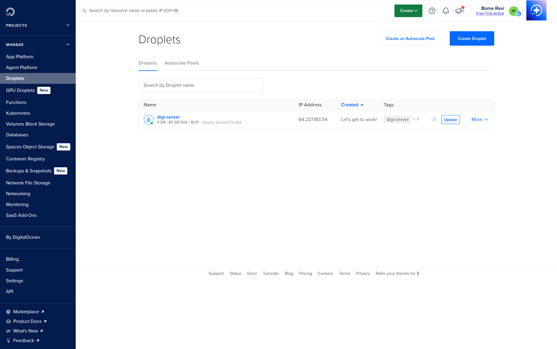 Step 4 - Droplet created with public IP