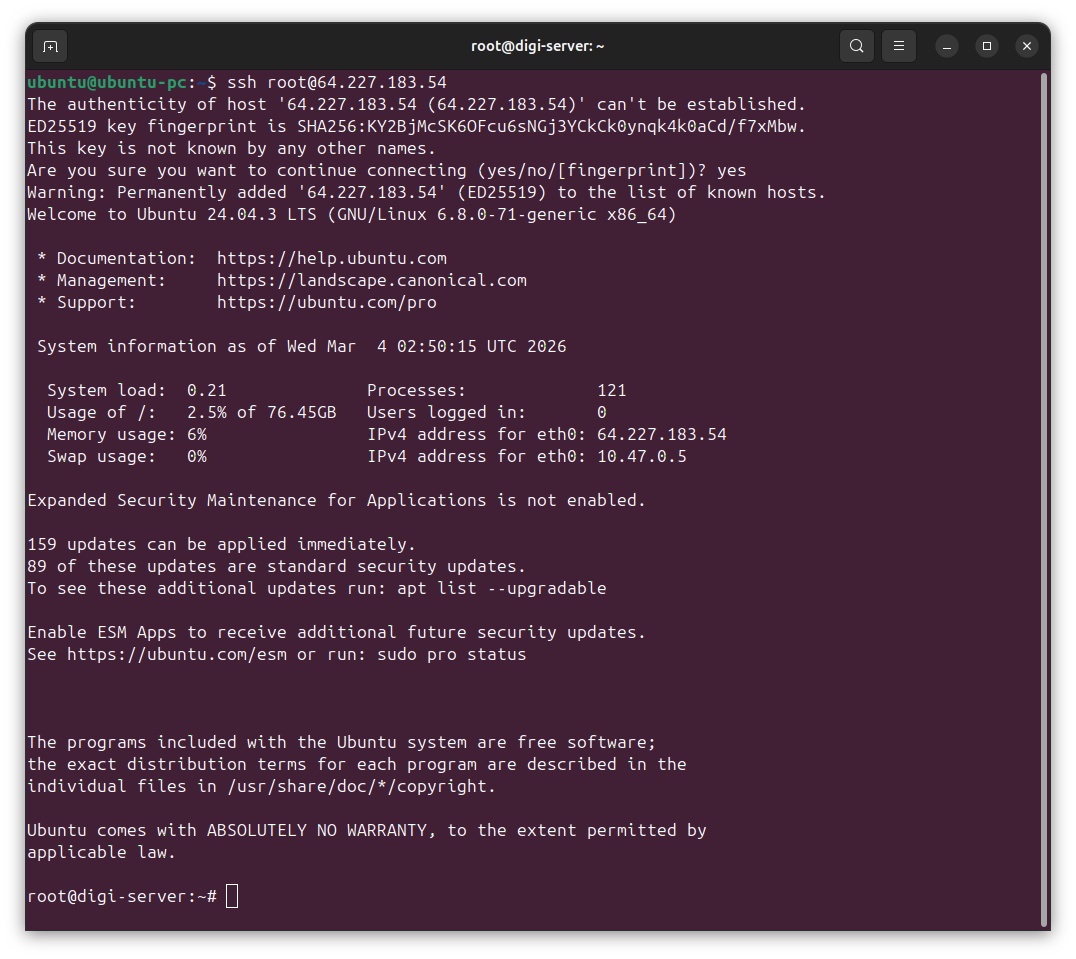 Step 5 - First SSH login to Droplet