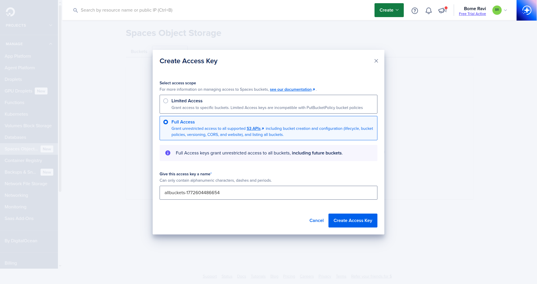 Step 5 - Create access key dialog